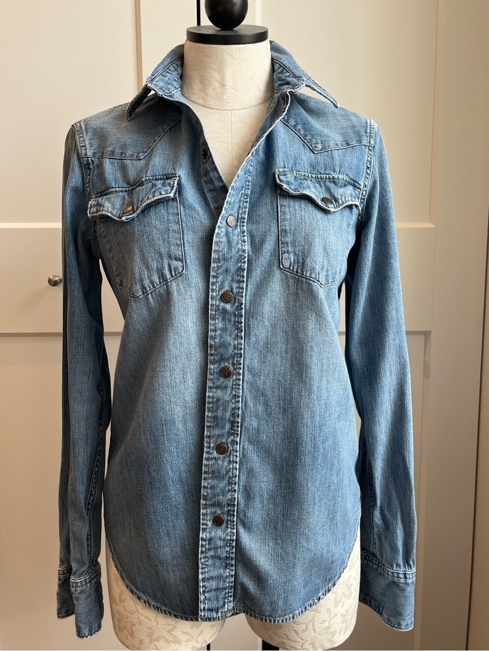 Vintage Polo Ralph Lauren Dungarees Denim Cowboy Shirt Snap Button Medium Wash S
